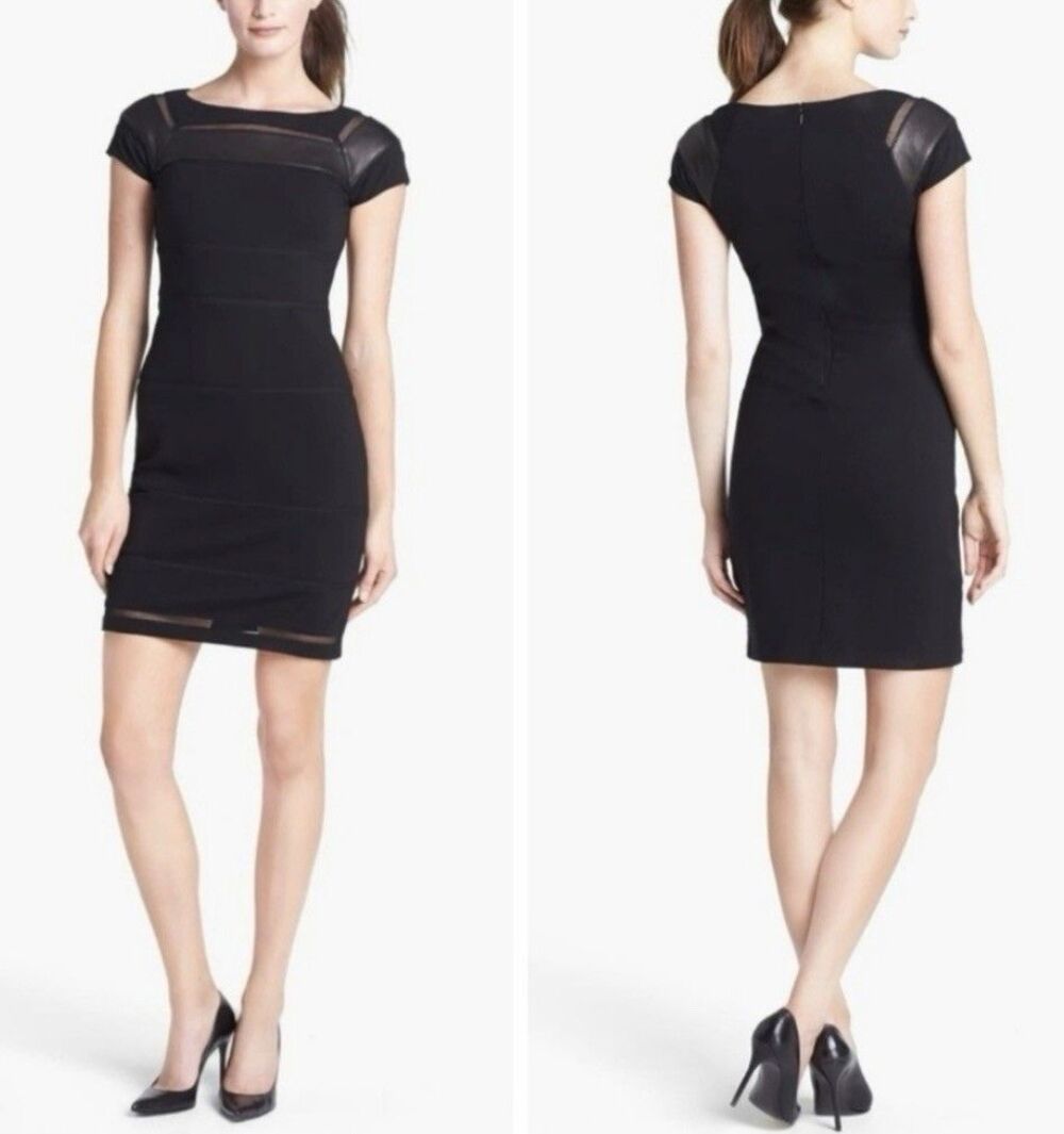 DVF Diane Von Furstenberg Novi Black Leather Trim Sheath Dress Sz 10
